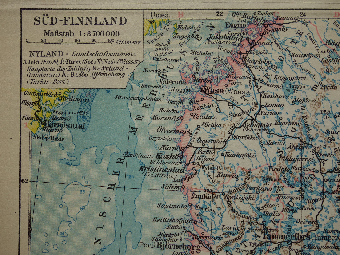 FINLAND Old map of Southern Finland in 1928 original German vintage historical map