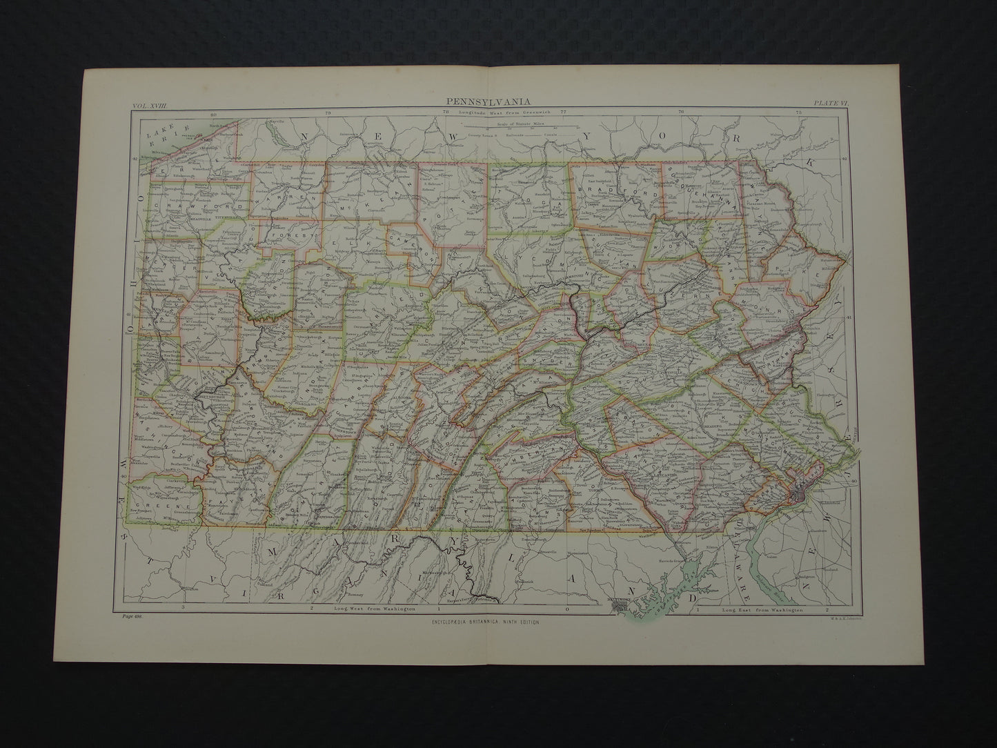 Original old map of PENNSYLVANIA from 1883 antique English map