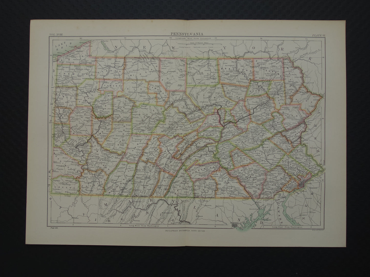 Original old map of PENNSYLVANIA from 1883 antique English map