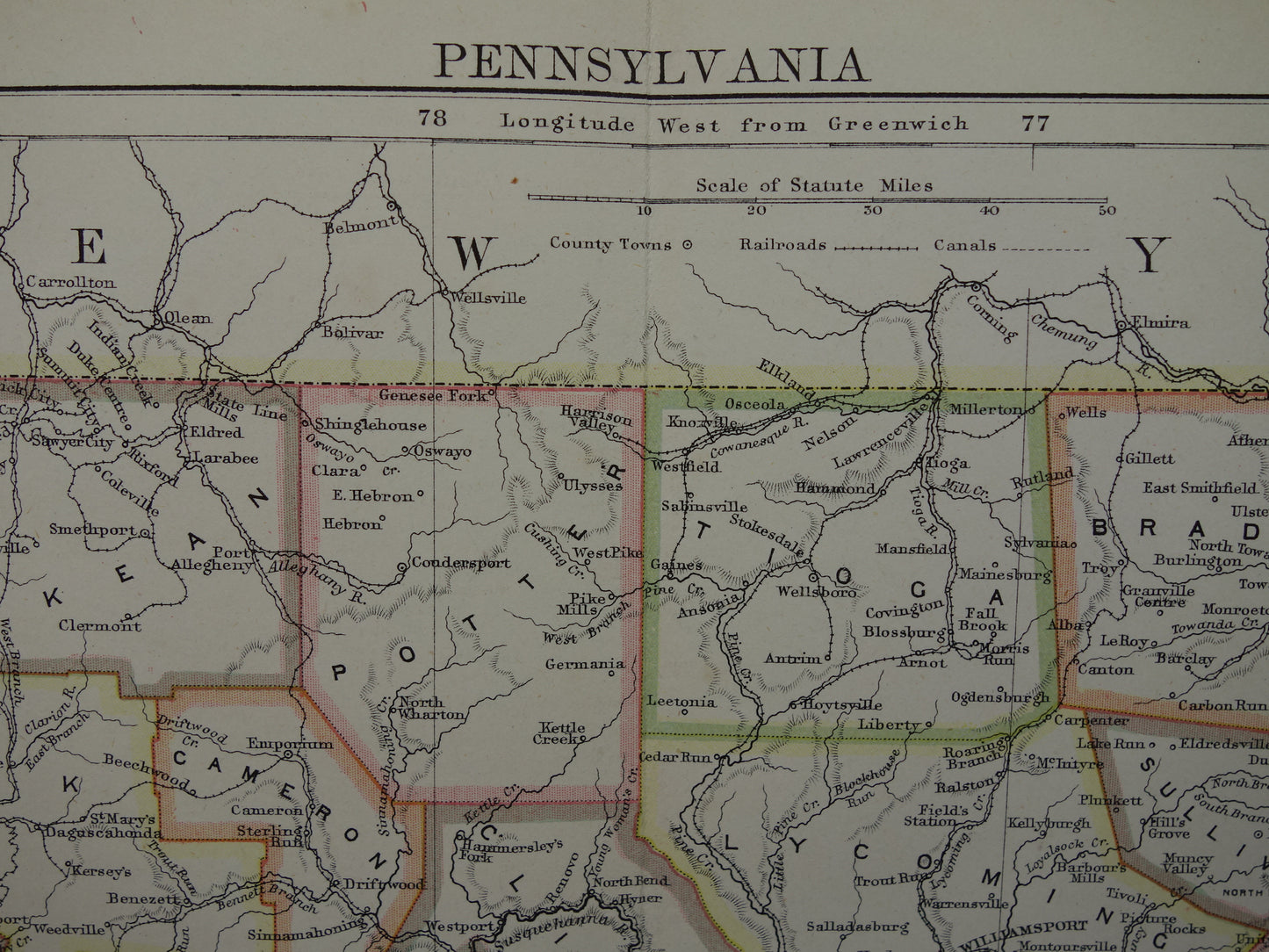 Original old map of PENNSYLVANIA from 1883 antique English map