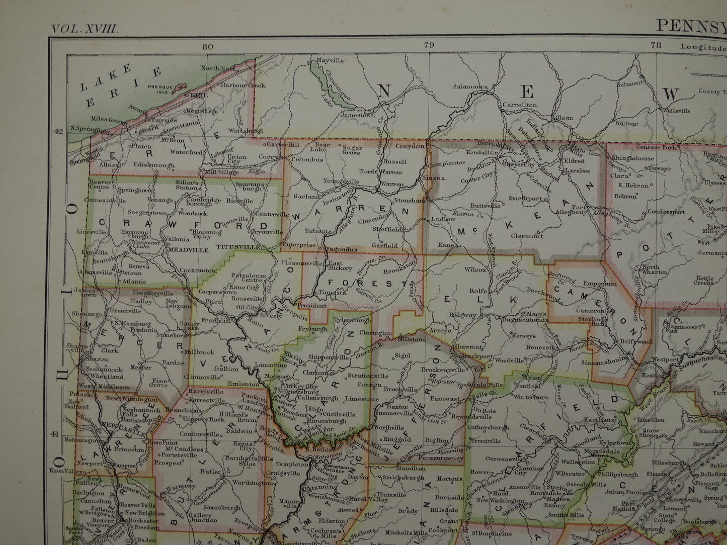Original old map of PENNSYLVANIA from 1883 antique English map