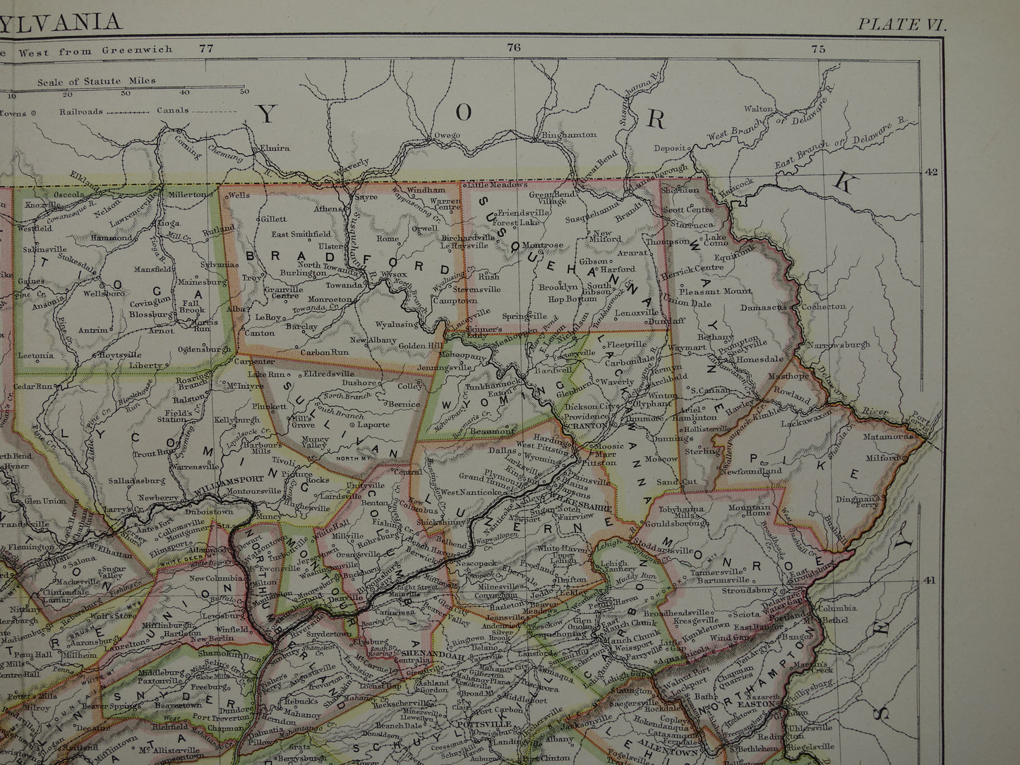 Original old map of PENNSYLVANIA from 1883 antique English map