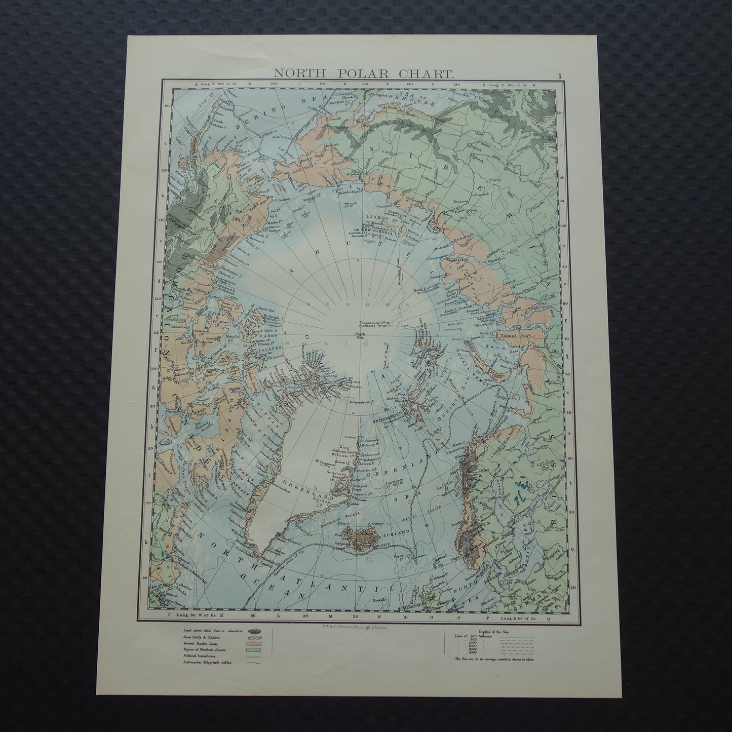 NOORDPOOL Oude kaart van de Noordpool uit 1901 originele antieke Engelse landkaart Poolgebied

