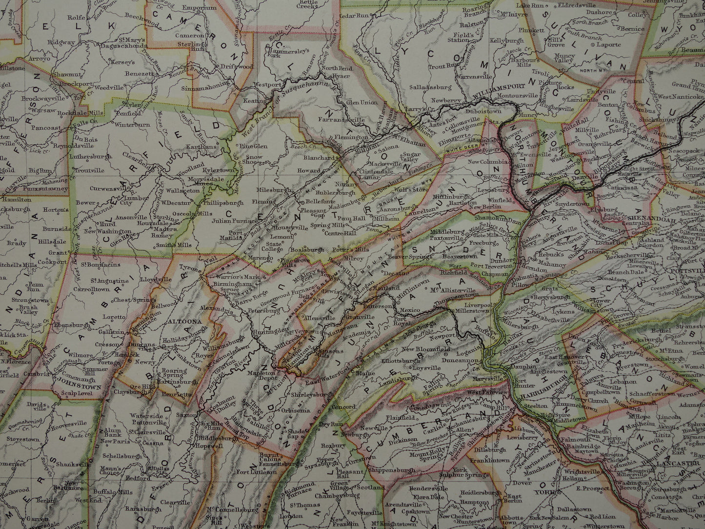 Original old map of PENNSYLVANIA from 1883 antique English map