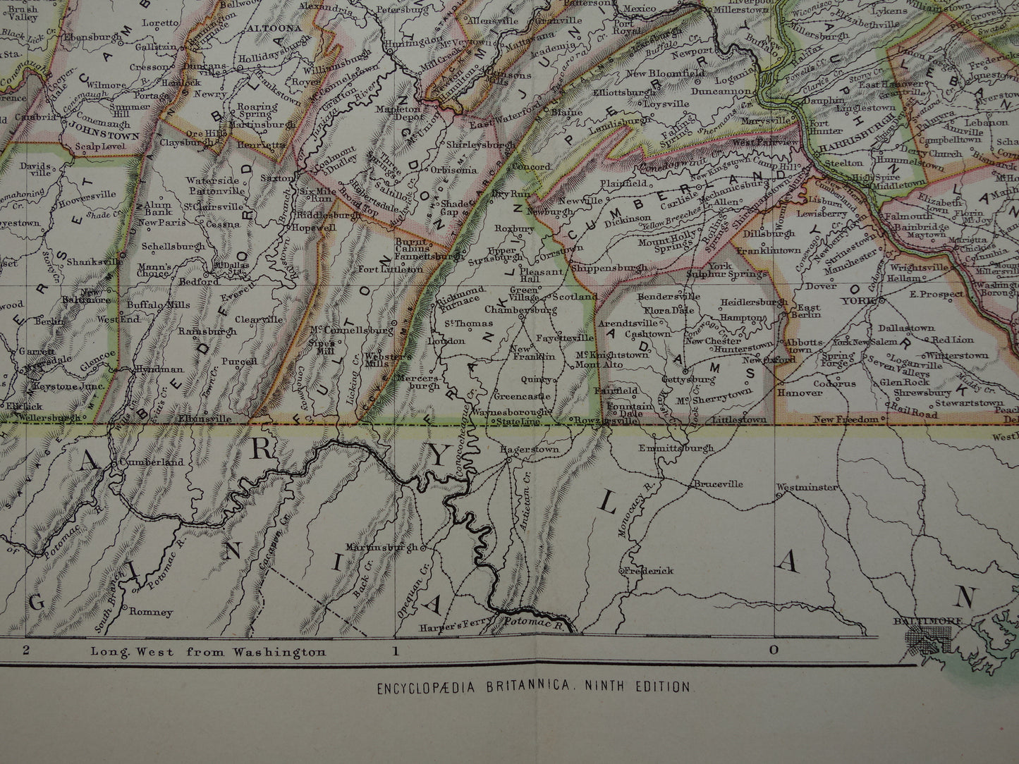 Original old map of PENNSYLVANIA from 1883 antique English map