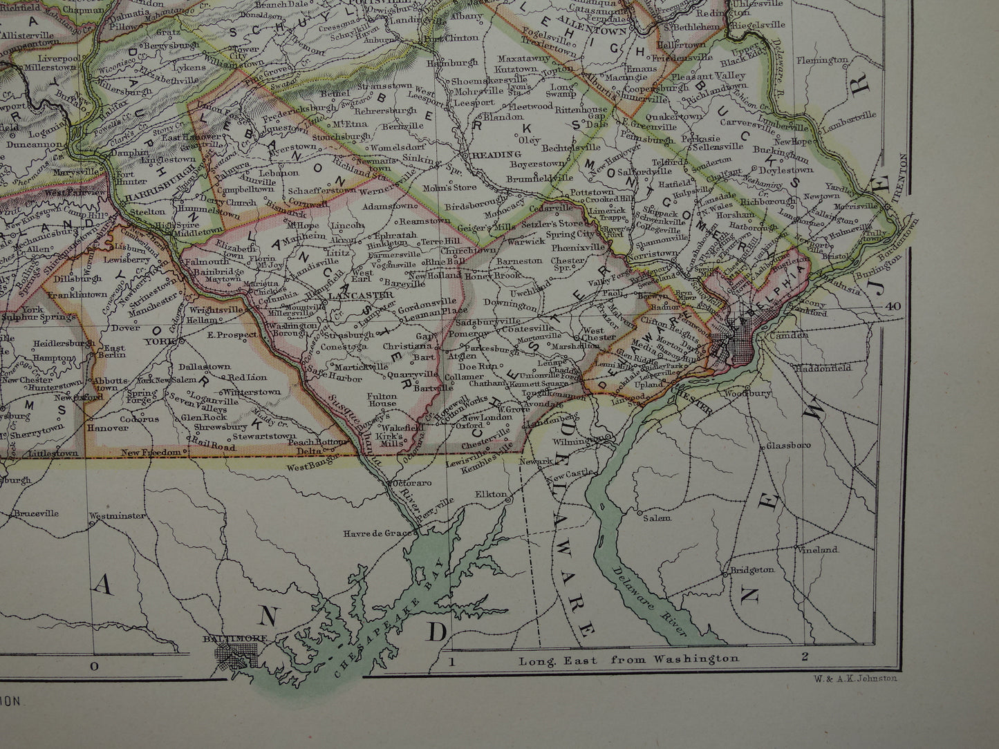 Original old map of PENNSYLVANIA from 1883 antique English map