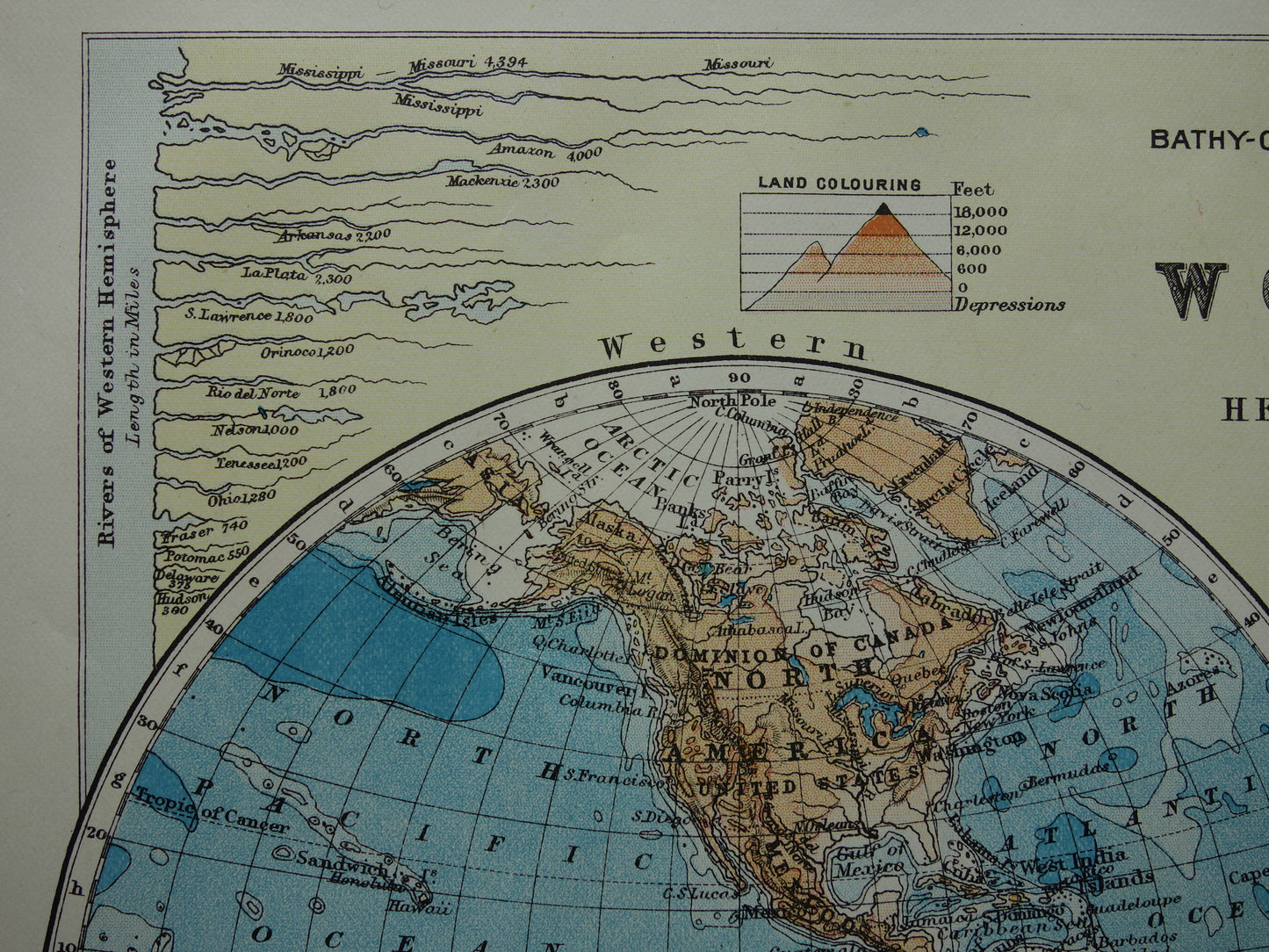 WERELDKAART Oude kaart van de Wereld uit 1901 originele antieke Engelse landkaart Bergtoppen Rivieren