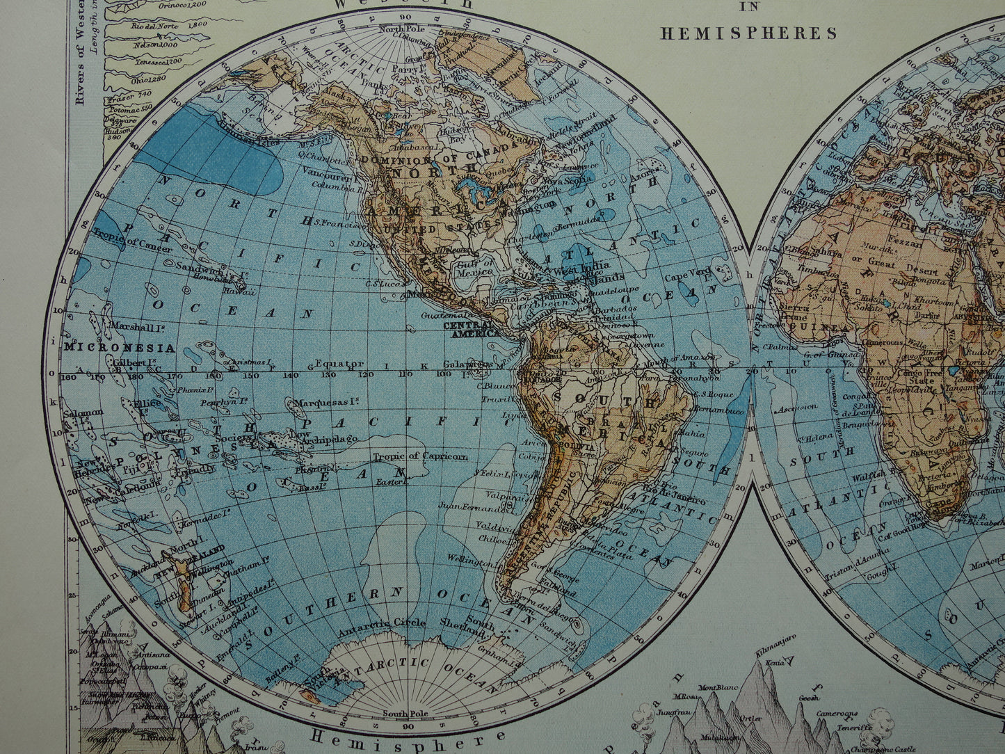 WERELDKAART Oude kaart van de Wereld uit 1901 originele antieke Engelse landkaart Bergtoppen Rivieren