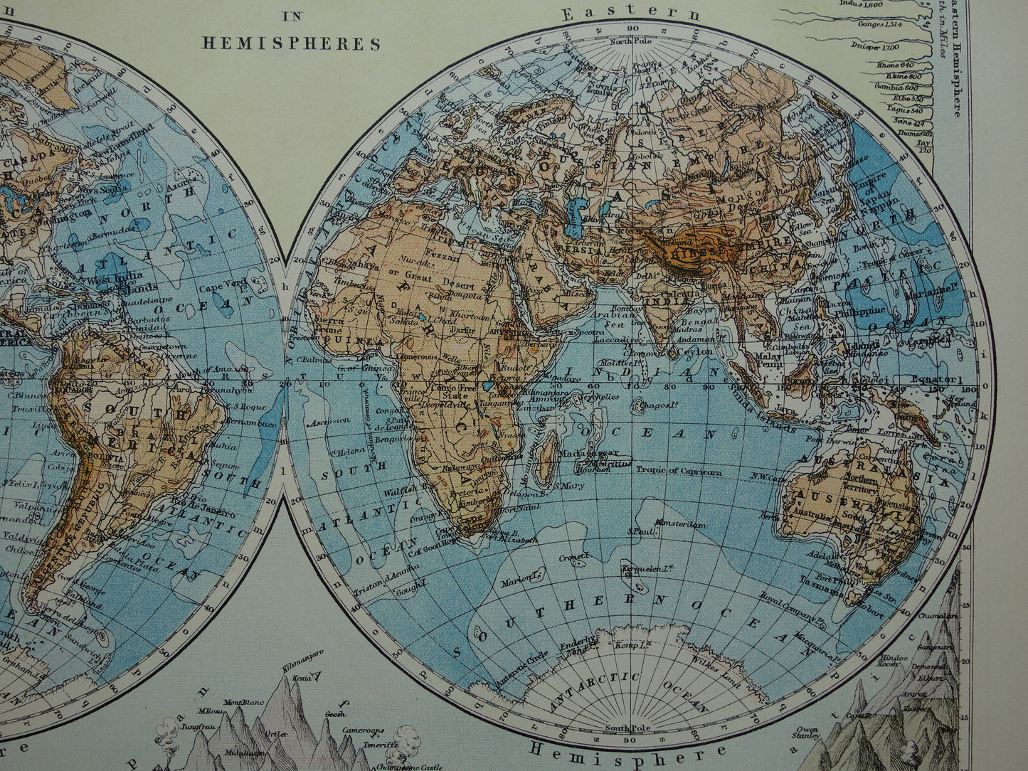 WERELDKAART Oude kaart van de Wereld uit 1901 originele antieke Engelse landkaart Bergtoppen Rivieren
