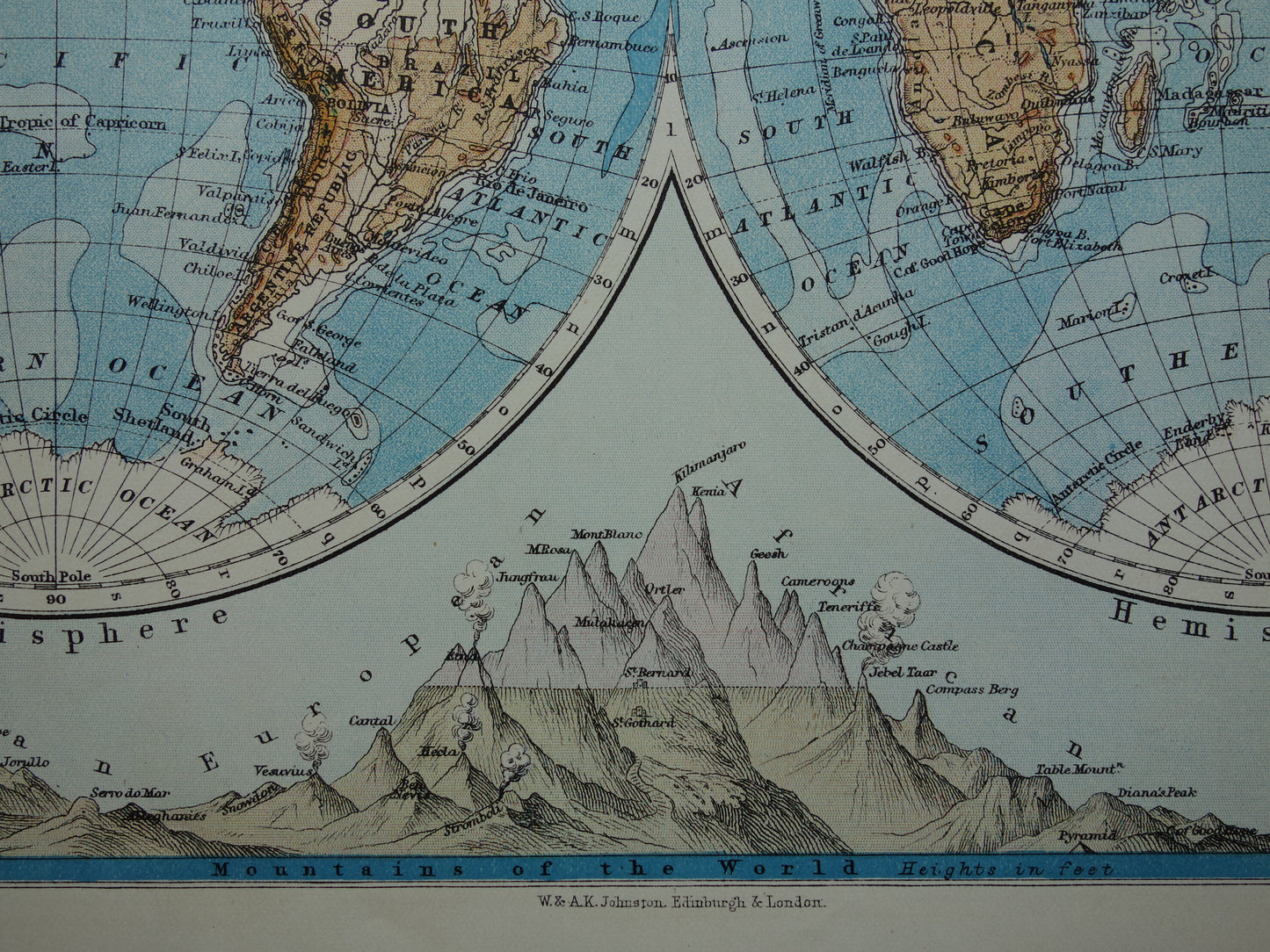 WERELDKAART Oude kaart van de Wereld uit 1901 originele antieke Engelse landkaart Bergtoppen Rivieren