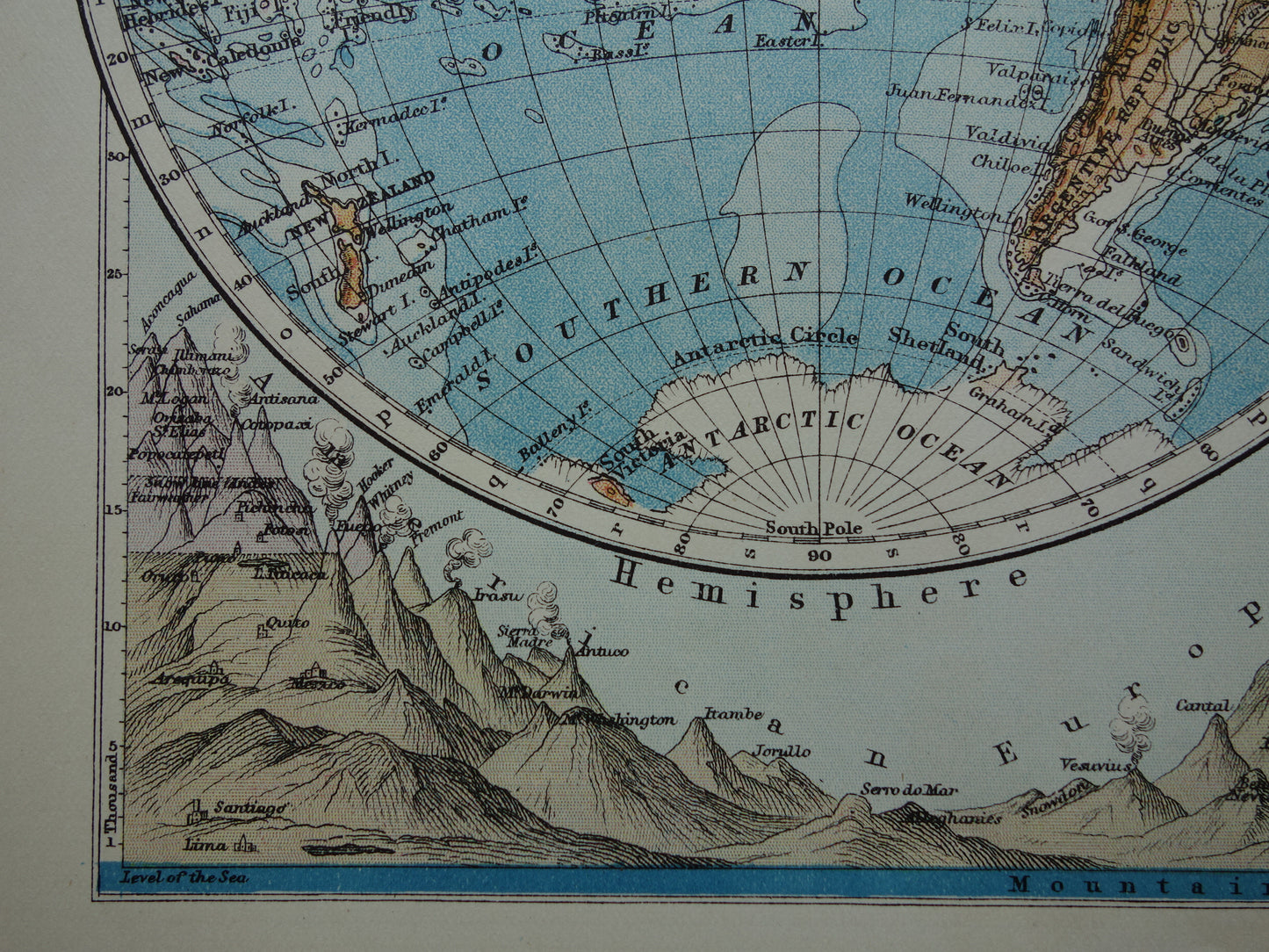 WERELDKAART Oude kaart van de Wereld uit 1901 originele antieke Engelse landkaart Bergtoppen Rivieren
