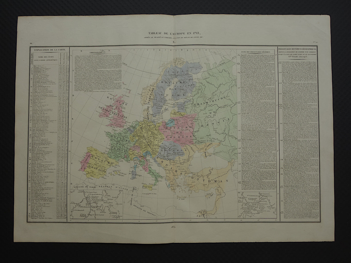 Oude kaart van Europa in het jaar 1713 originele antieke landkaart uit 1830 Vrede van Utrecht geschiedeniskaart