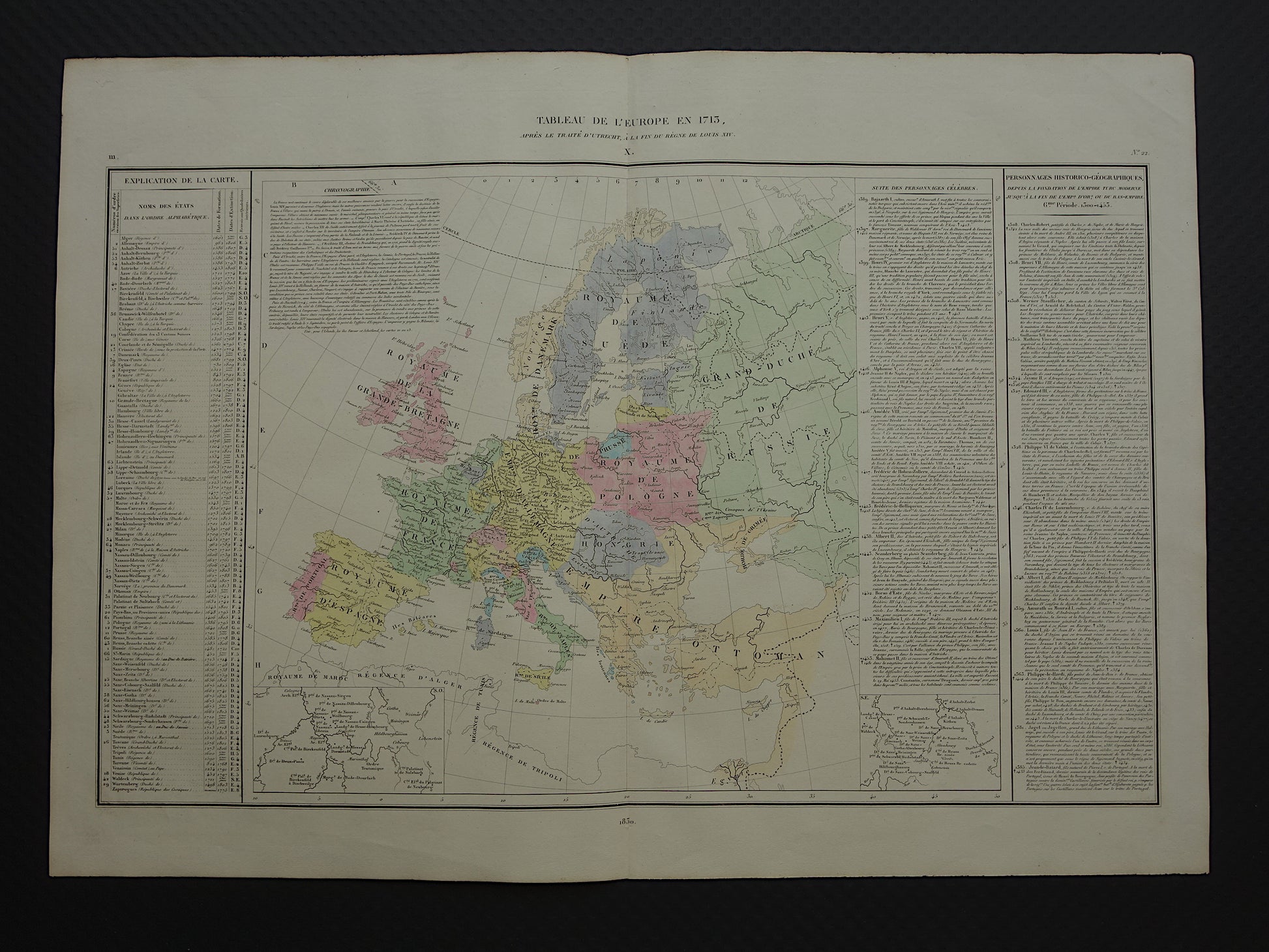 Oude kaart van Europa in het jaar 1713 originele antieke landkaart uit 1830 Vrede van Utrecht geschiedeniskaart