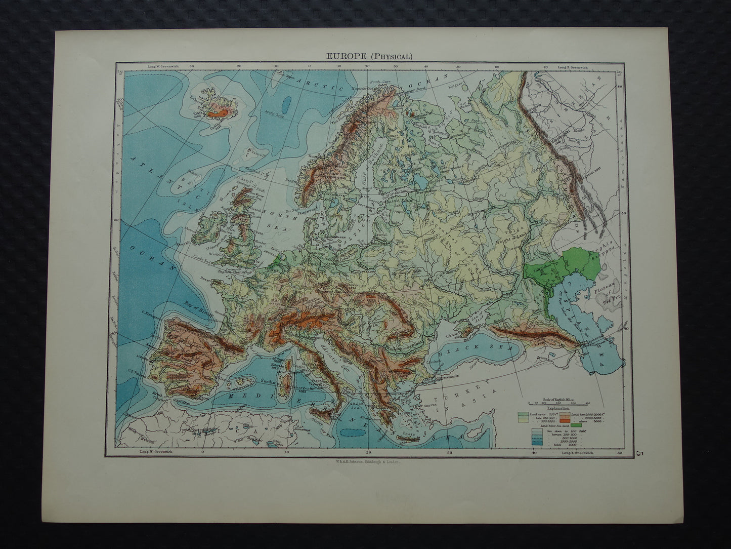 EUROPE Old physical map of Europe from 1901 original antique English map elevation map