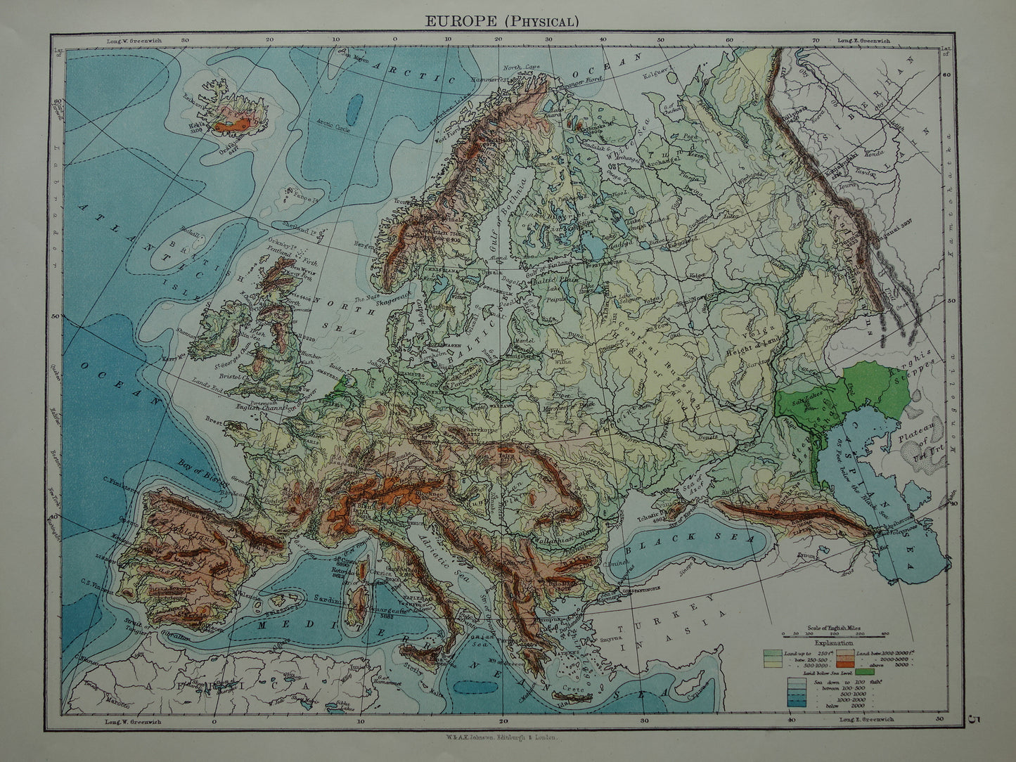 EUROPE Old physical map of Europe from 1901 original antique English map elevation map