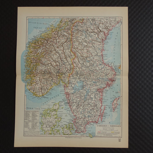 Oude kaart van Zweden en Noorwegen uit 1928 originele vintage landkaart Stockholm Oslo