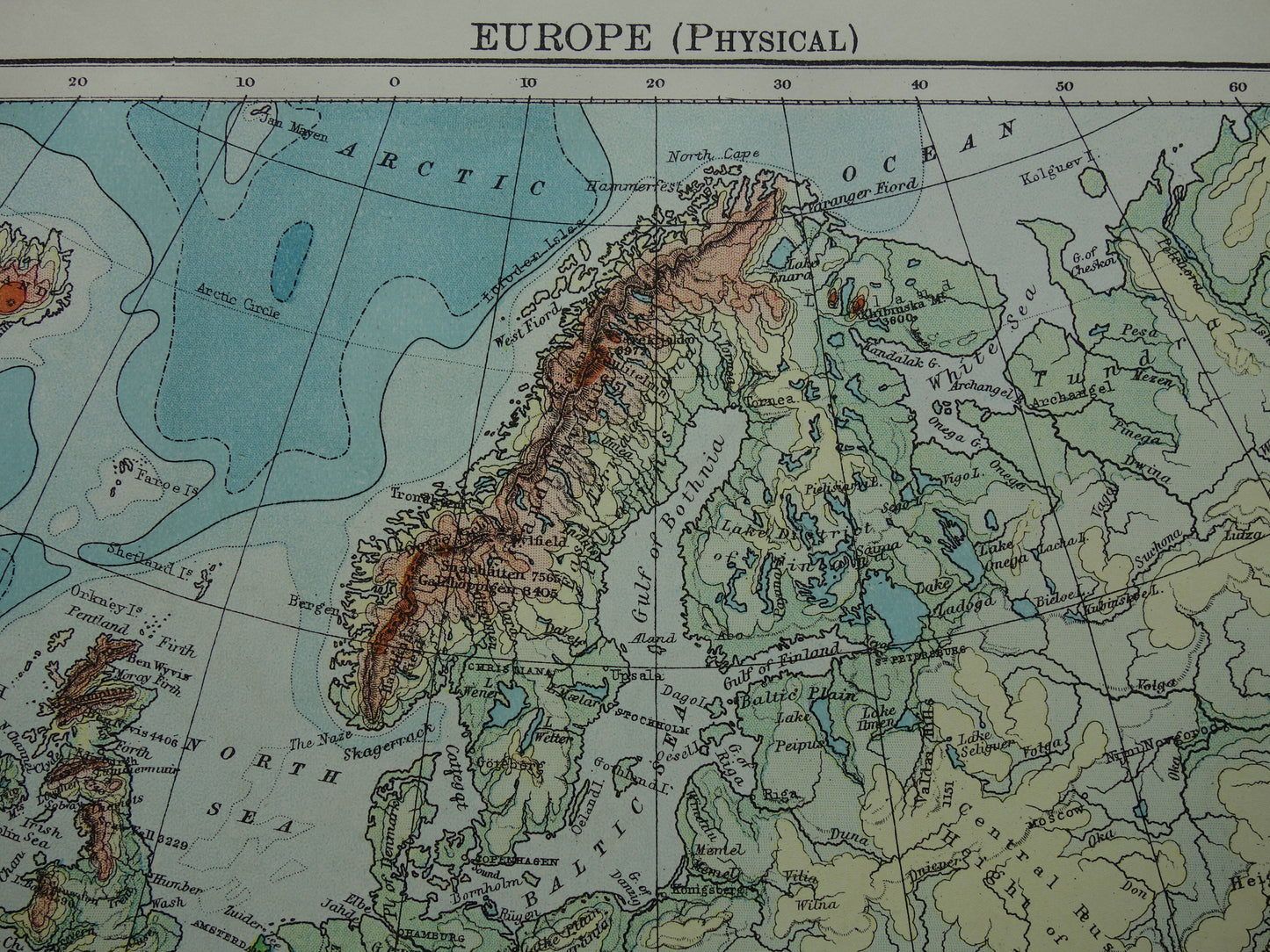 EUROPE Old physical map of Europe from 1901 original antique English map elevation map