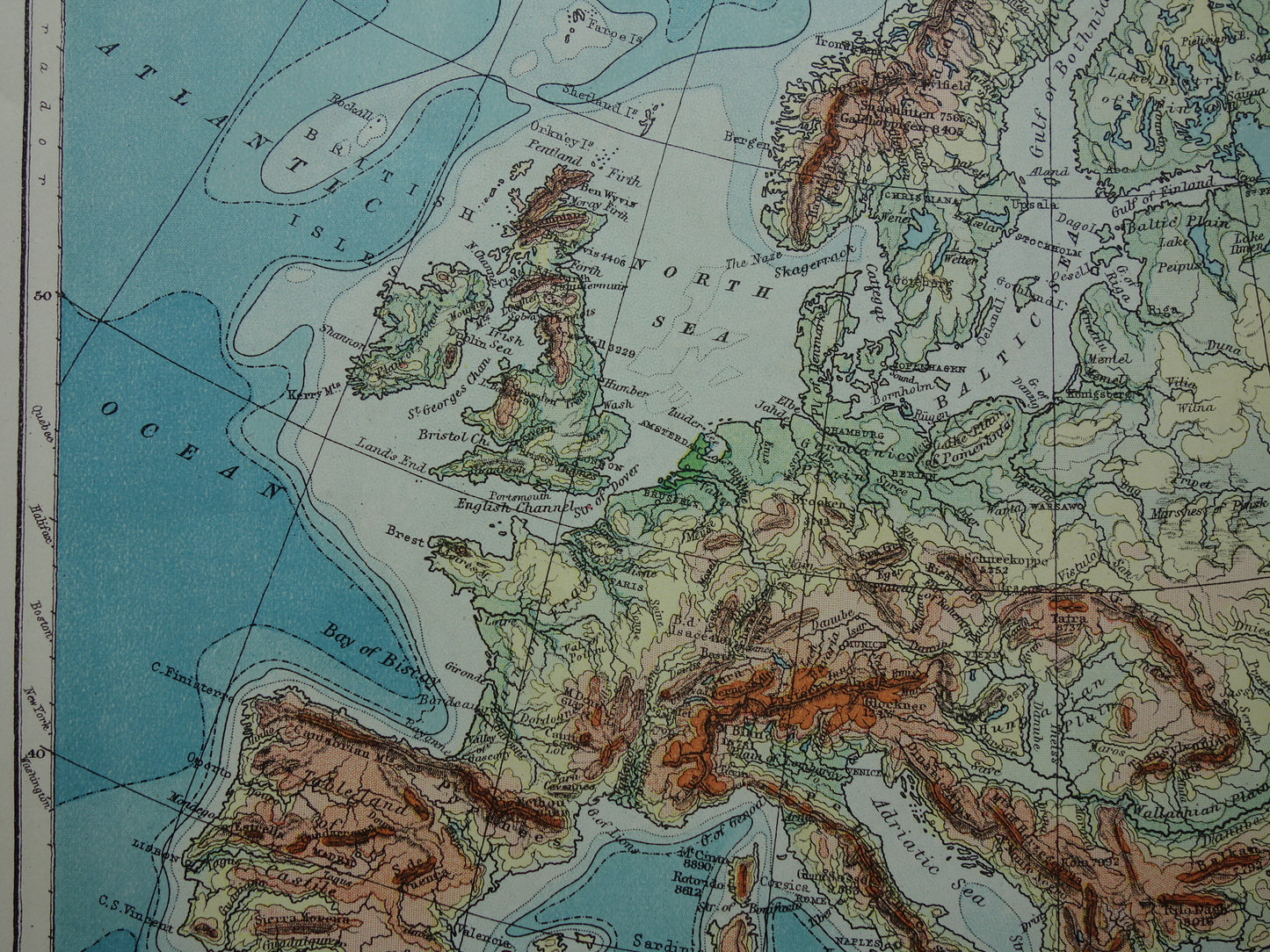 EUROPE Old physical map of Europe from 1901 original antique English map elevation map