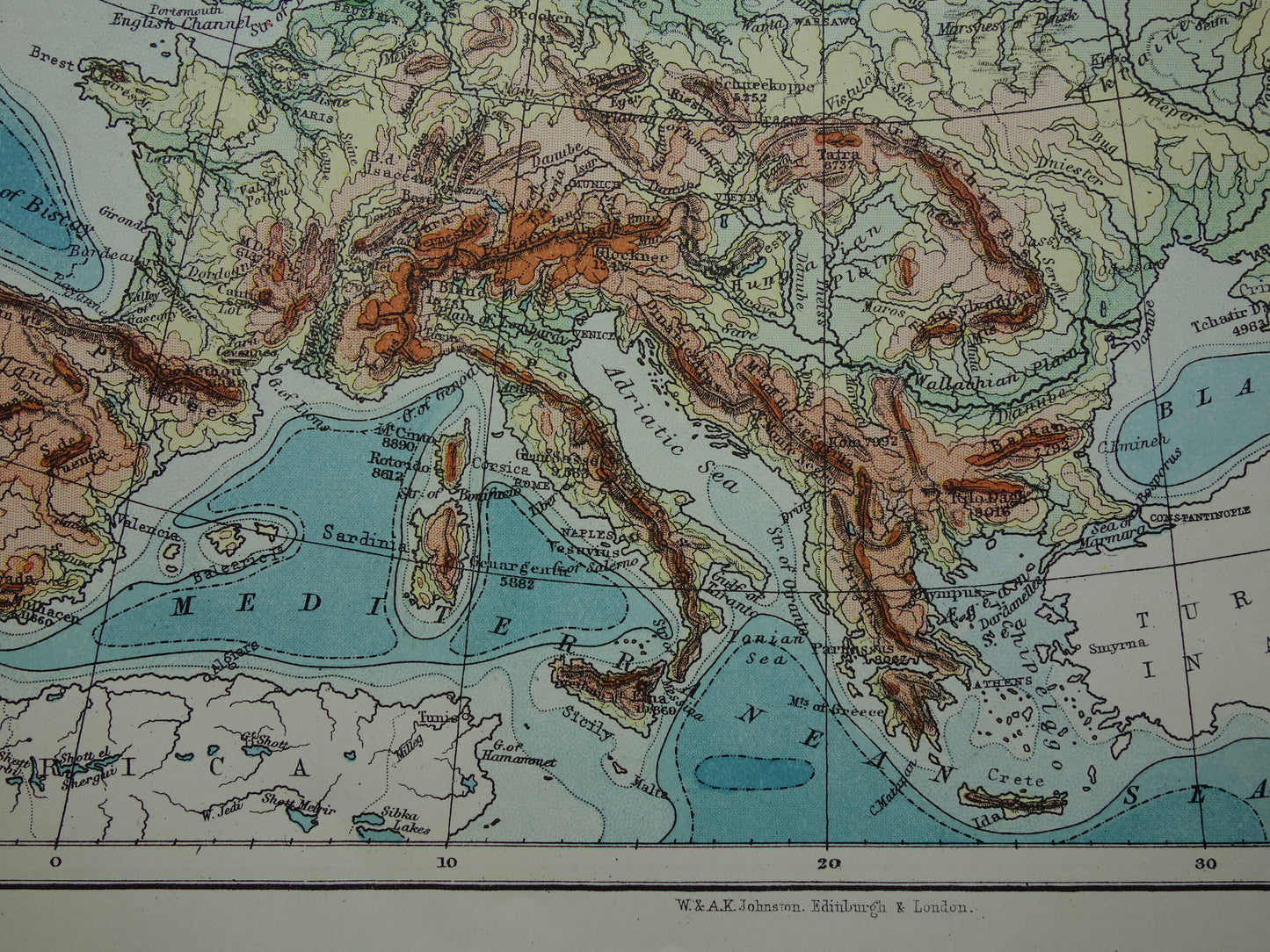 EUROPE Old physical map of Europe from 1901 original antique English map elevation map