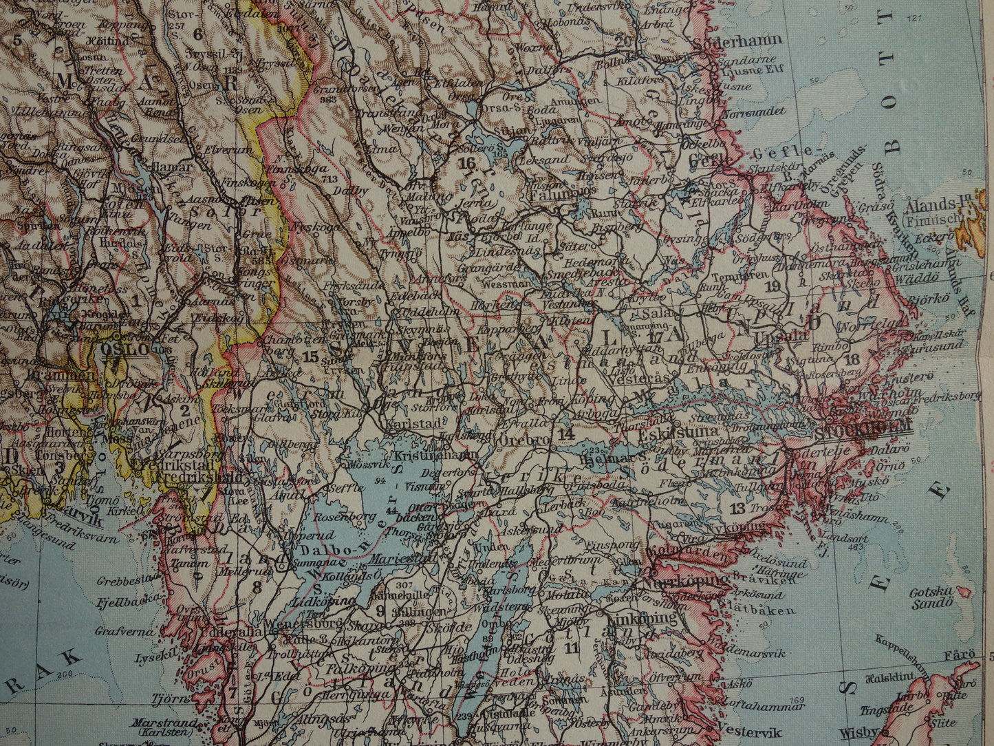 Old map of Sweden and Norway from 1928 original vintage map Stockholm Oslo