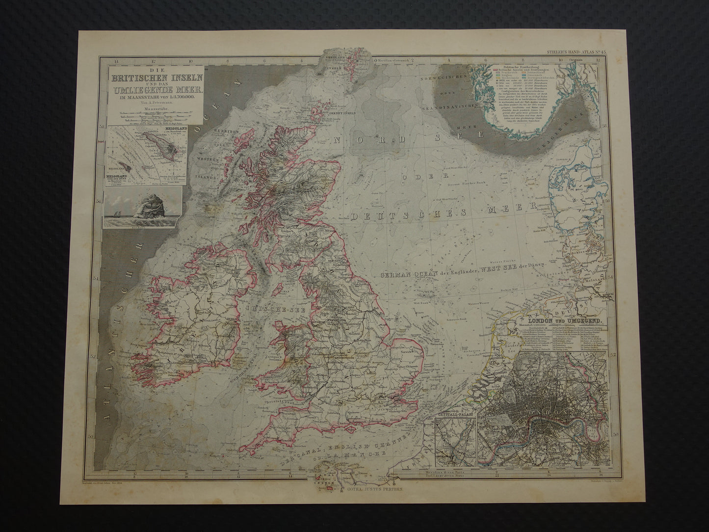 NOORDZEE Antieke kaart van Britse eilanden 1884 originele oude Duitse landkaart / zeekaart Engeland