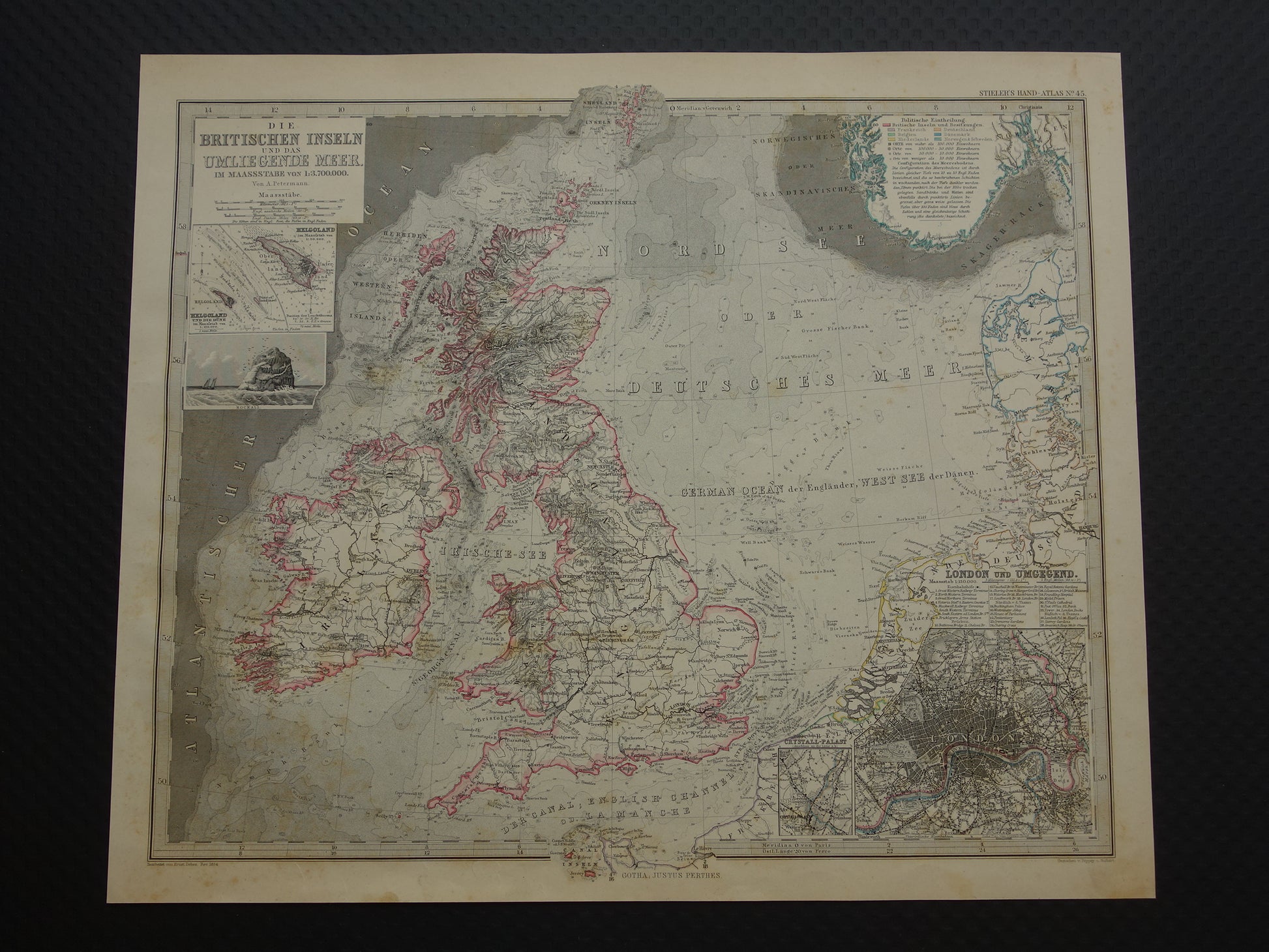 NOORDZEE Antieke kaart van Britse eilanden 1884 originele oude Duitse landkaart / zeekaart Engeland