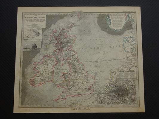 NOORDZEE Antieke kaart van Britse eilanden 1884 originele oude Duitse landkaart / zeekaart Engeland