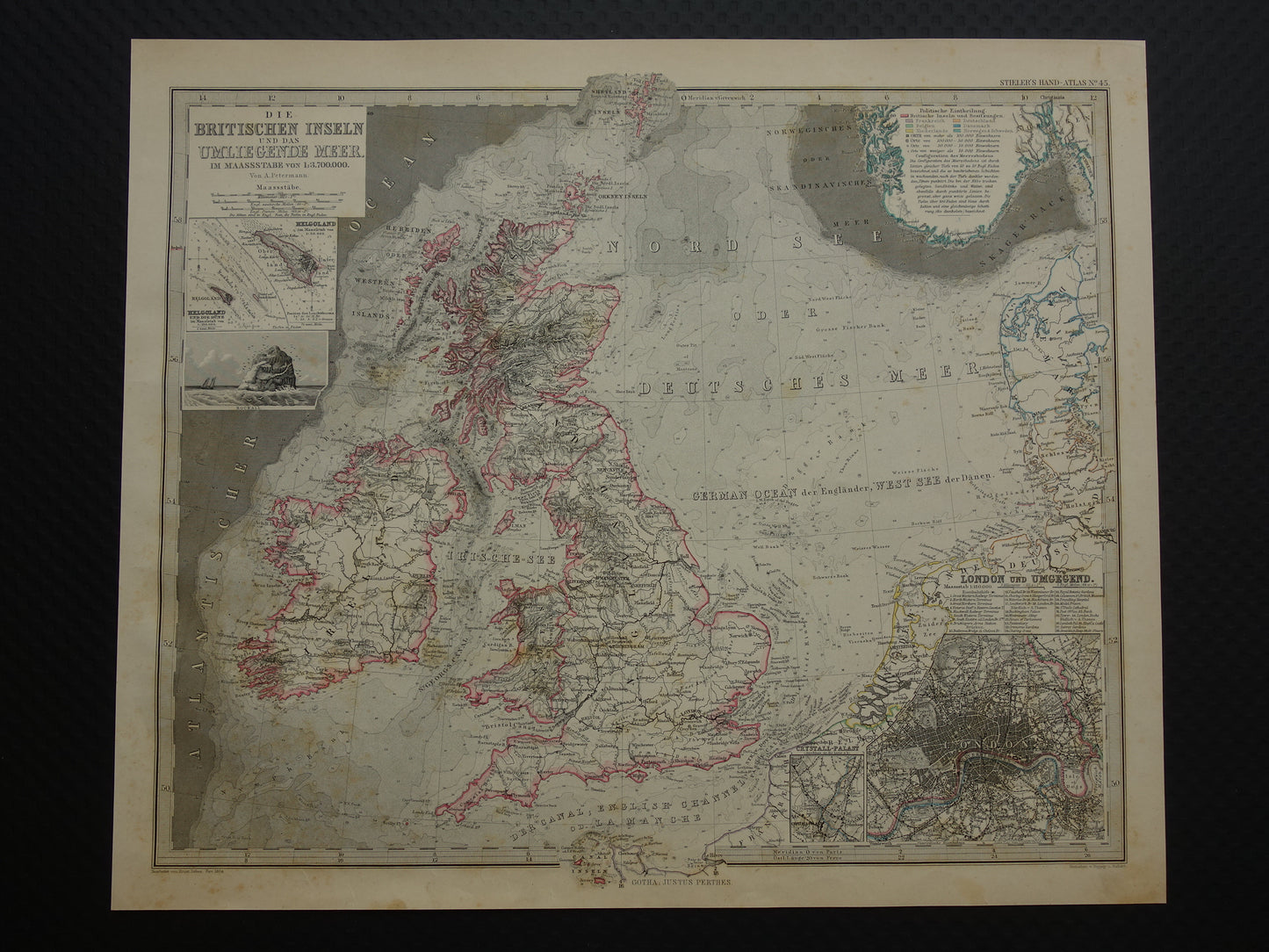 NOORDZEE Antieke kaart van Britse eilanden 1884 originele oude Duitse landkaart / zeekaart Engeland