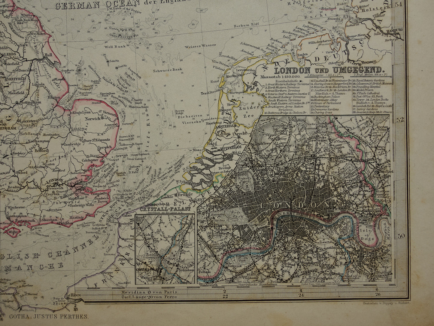 NOORDZEE Antieke kaart van Britse eilanden 1884 originele oude Duitse landkaart / zeekaart Engeland