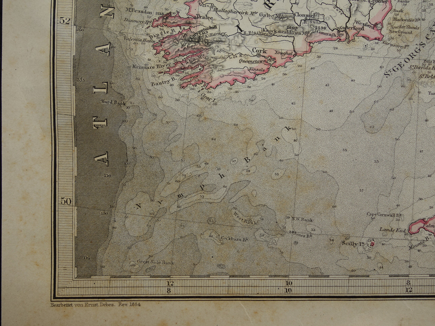 NOORDZEE Antieke kaart van Britse eilanden 1884 originele oude Duitse landkaart / zeekaart Engeland