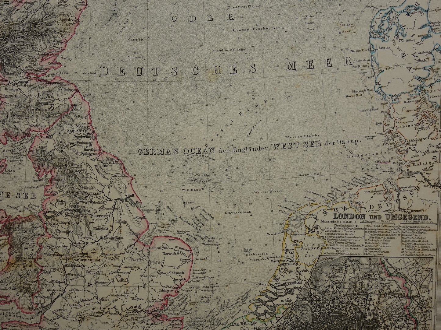 NOORDZEE Antieke kaart van Britse eilanden 1884 originele oude Duitse landkaart / zeekaart Engeland