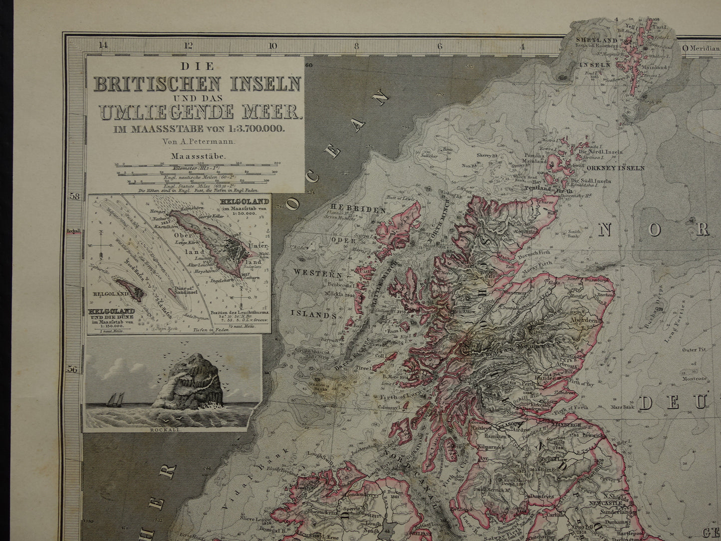 NOORDZEE Antieke kaart van Britse eilanden 1884 originele oude Duitse landkaart / zeekaart Engeland