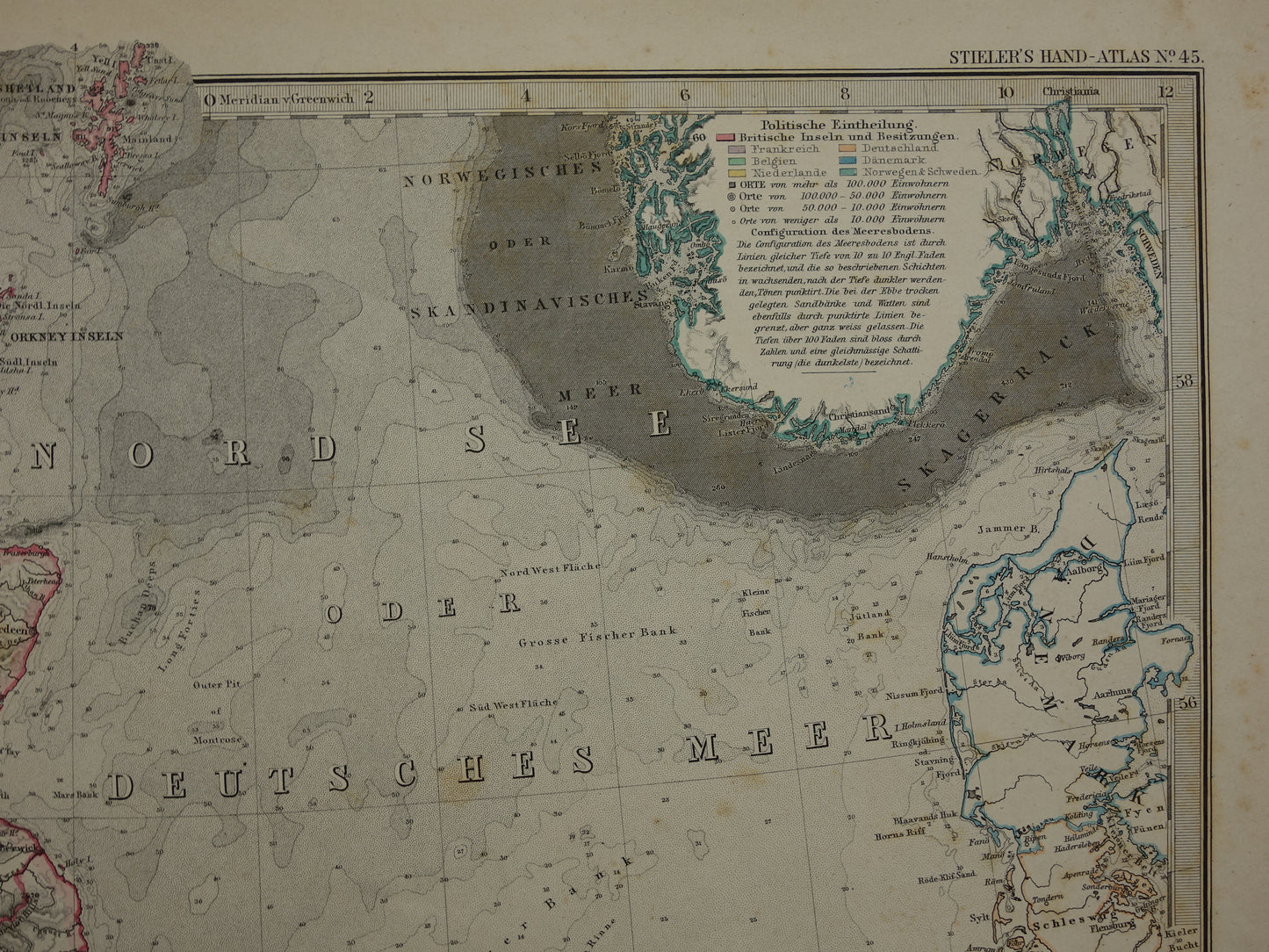 NOORDZEE Antieke kaart van Britse eilanden 1884 originele oude Duitse landkaart / zeekaart Engeland