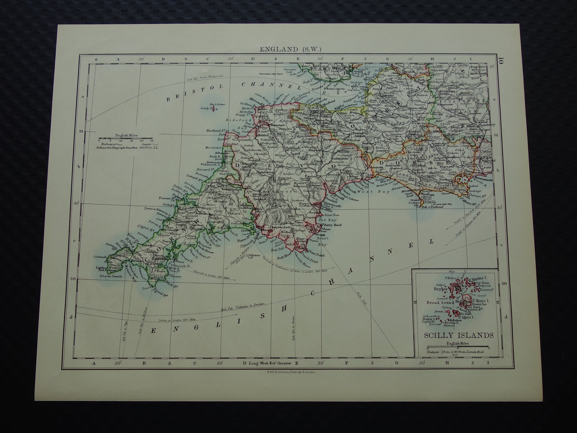 ENGELAND Oude kaart van Zuidwest Engeland uit 1901 originele antieke Engelse landkaart 