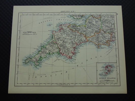 ENGELAND Oude kaart van Zuidwest Engeland uit 1901 originele antieke Engelse landkaart 