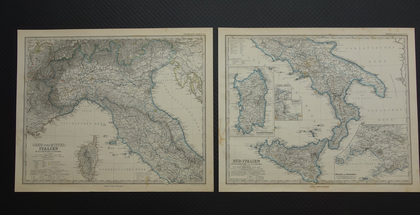 Grote 140+ jaar oude kaart van Italië 1884 Handgekleurde origineel antieke landkaart met jaartal