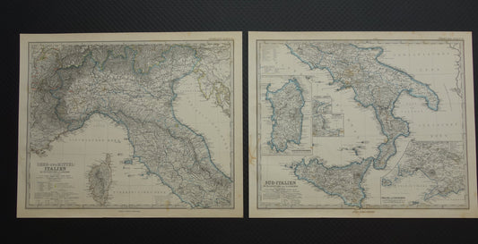Grote 140+ jaar oude kaart van Italië 1884 Handgekleurde origineel antieke landkaart met jaartal