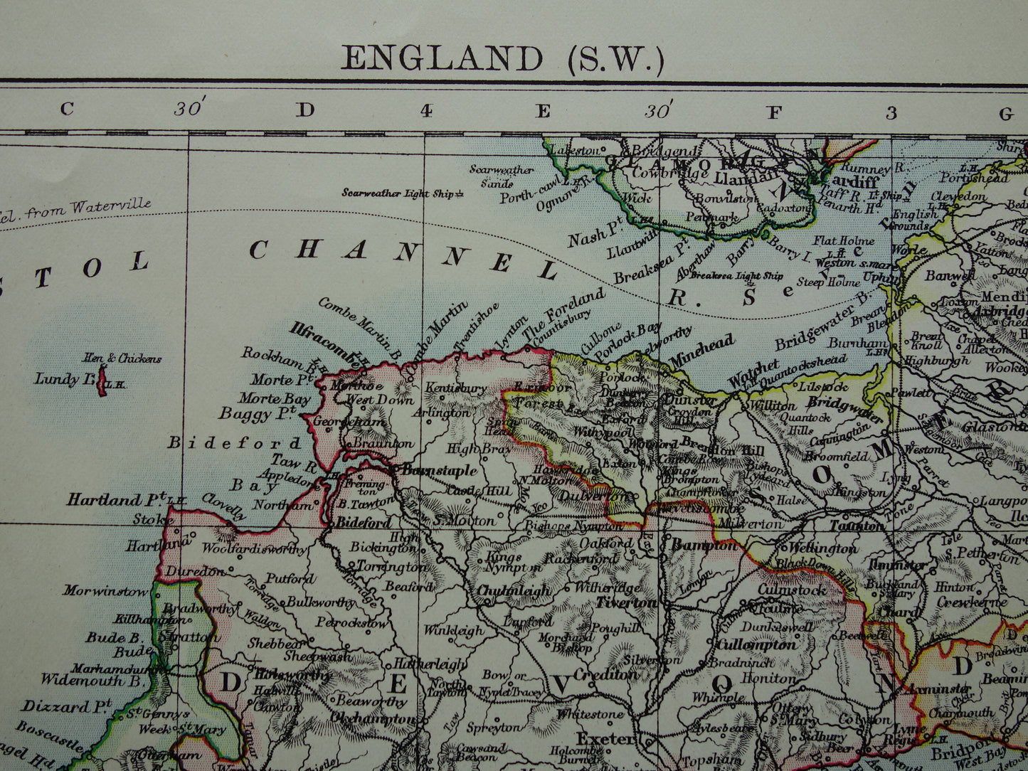 ENGELAND Oude kaart van Zuidwest Engeland uit 1901 originele antieke Engelse landkaart