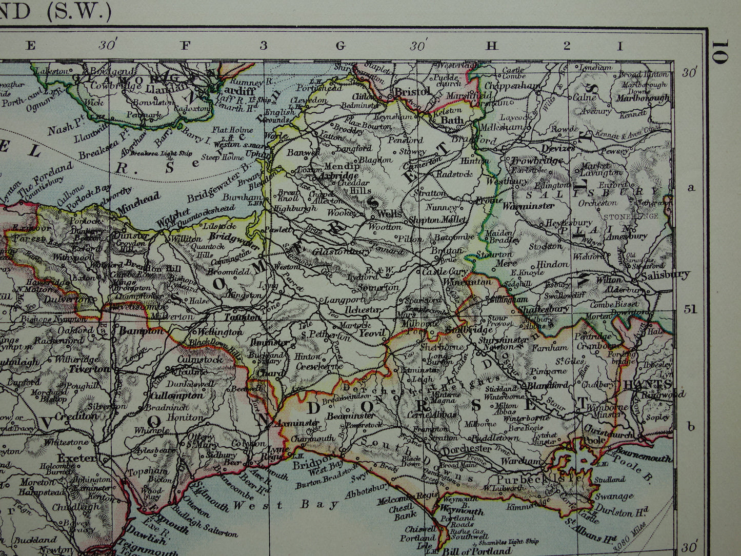 ENGELAND Oude kaart van Zuidwest Engeland uit 1901 originele antieke Engelse landkaart