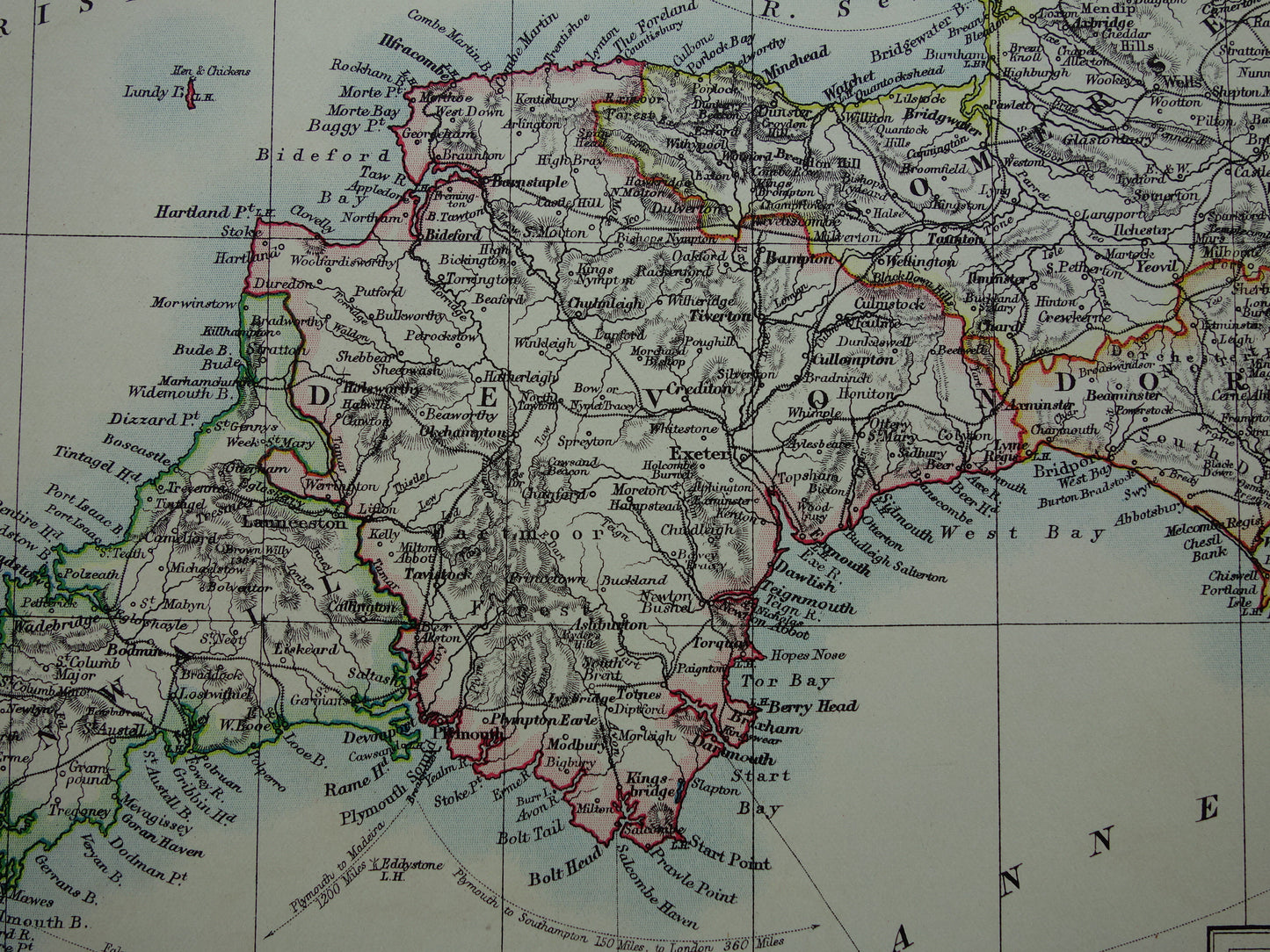 ENGELAND Oude kaart van Zuidwest Engeland uit 1901 originele antieke Engelse landkaart