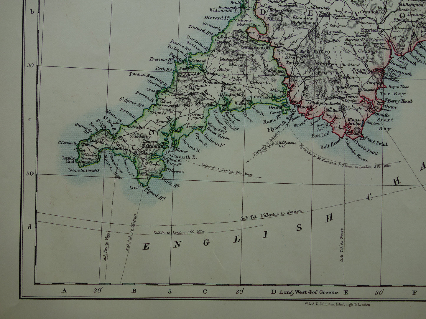 ENGELAND Oude kaart van Zuidwest Engeland uit 1901 originele antieke Engelse landkaart
