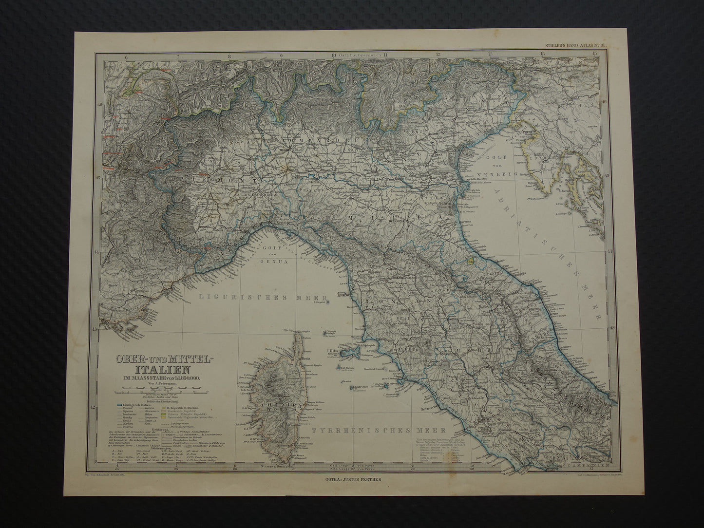 Large 140+ year old map of Italy 1884 Hand colored original antique map with date