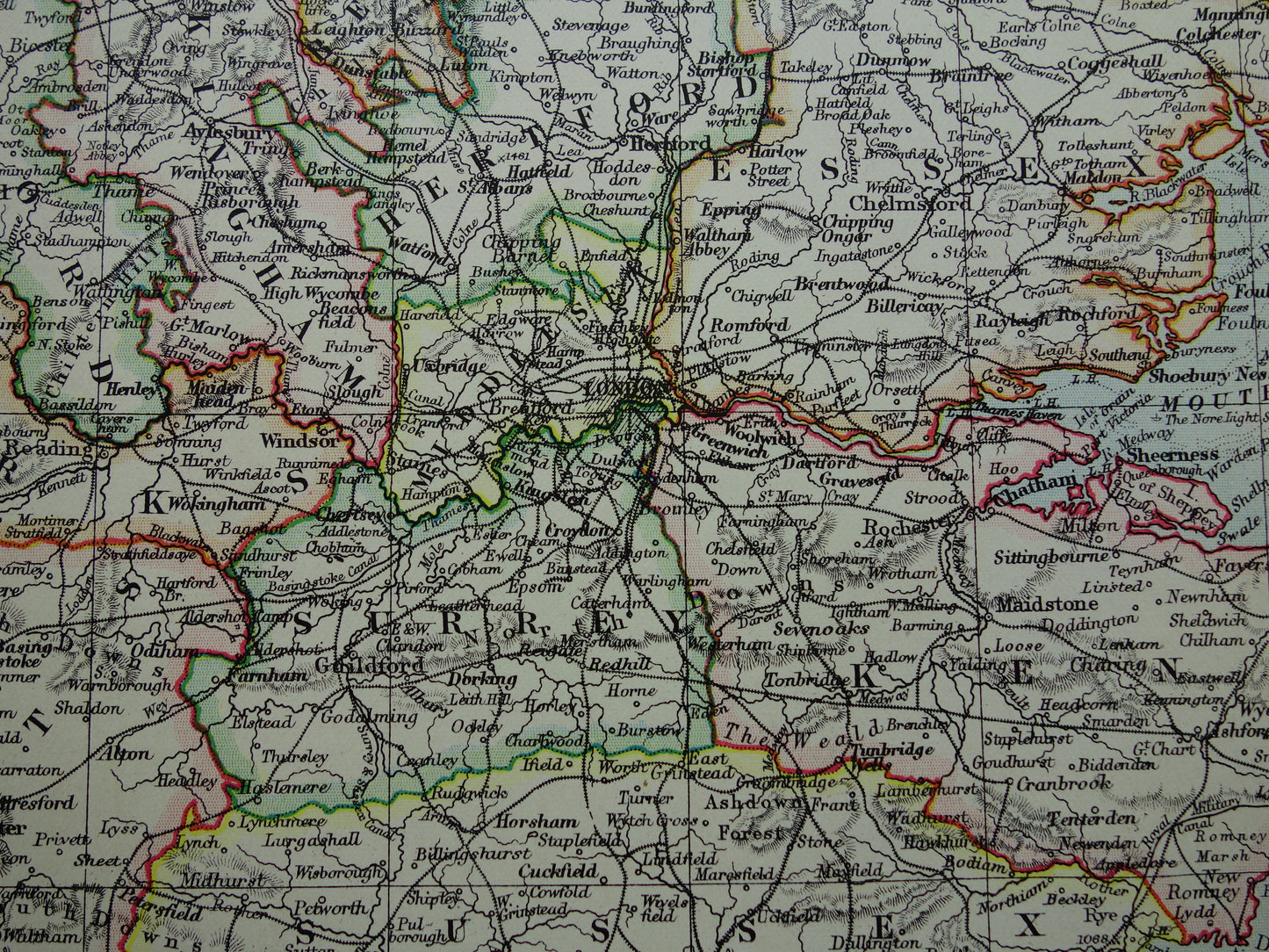 ENGELAND Oude kaart van Zuidoost Engeland uit 1901 originele antieke Engelse landkaart