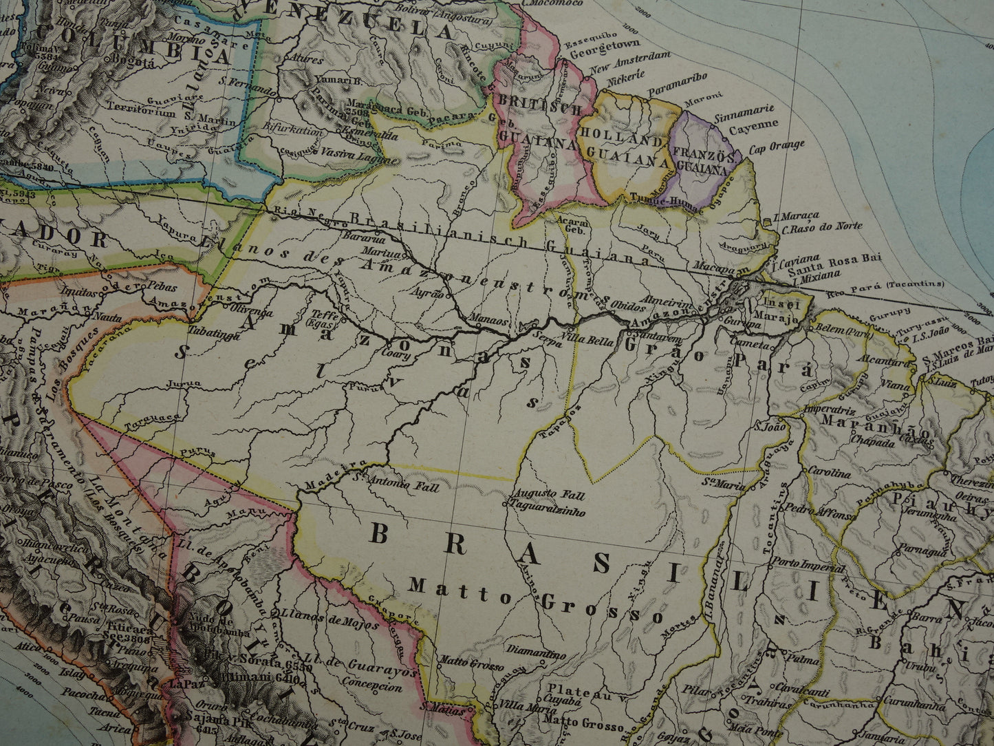 ZUID-AMERIKA vintage landkaart uit 1884 van continent Originele oude antieke kaart met jaartal
