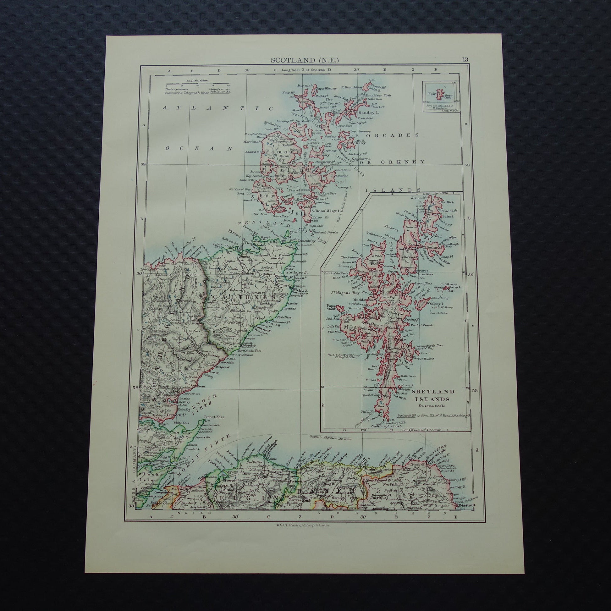 SCHOTLAND Oude kaart van het noordoosten van Schotland Orkney Shetland uit 1901 originele antieke Engelse landkaart Shetland eilanden Wick