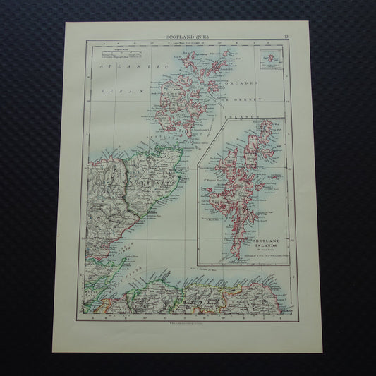 SCHOTLAND Oude kaart van het noordoosten van Schotland Orkney Shetland uit 1901 originele antieke Engelse landkaart Shetland eilanden Wick