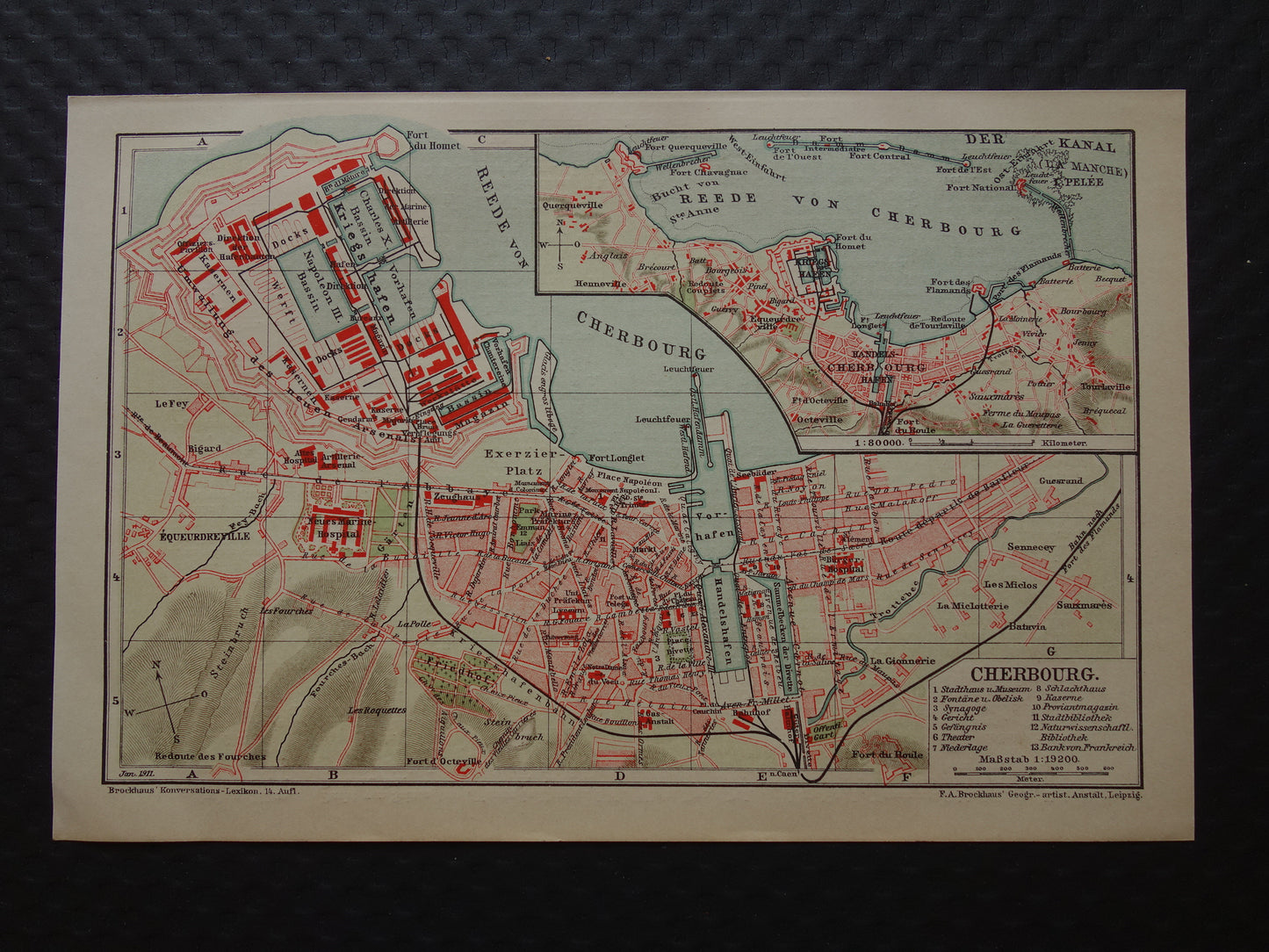 CHERBOURG antique map old map of Cherbourg France from 1911 - original vintage historical maps with date
