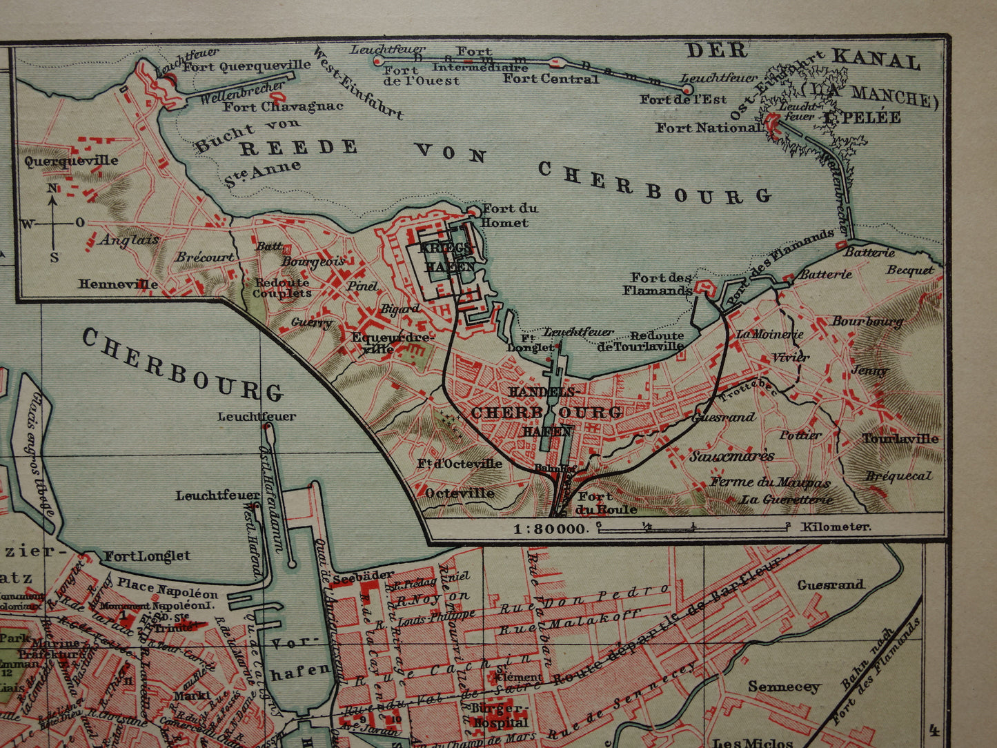 CHERBOURG antique map old map of Cherbourg France from 1911 - original vintage historical maps with date