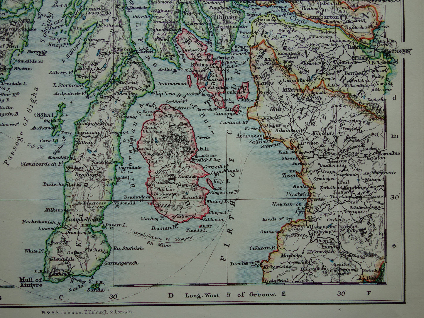 Oude kaart van het zuidwesten van Schotland uit 1901 originele antieke Engelse landkaart Schotland