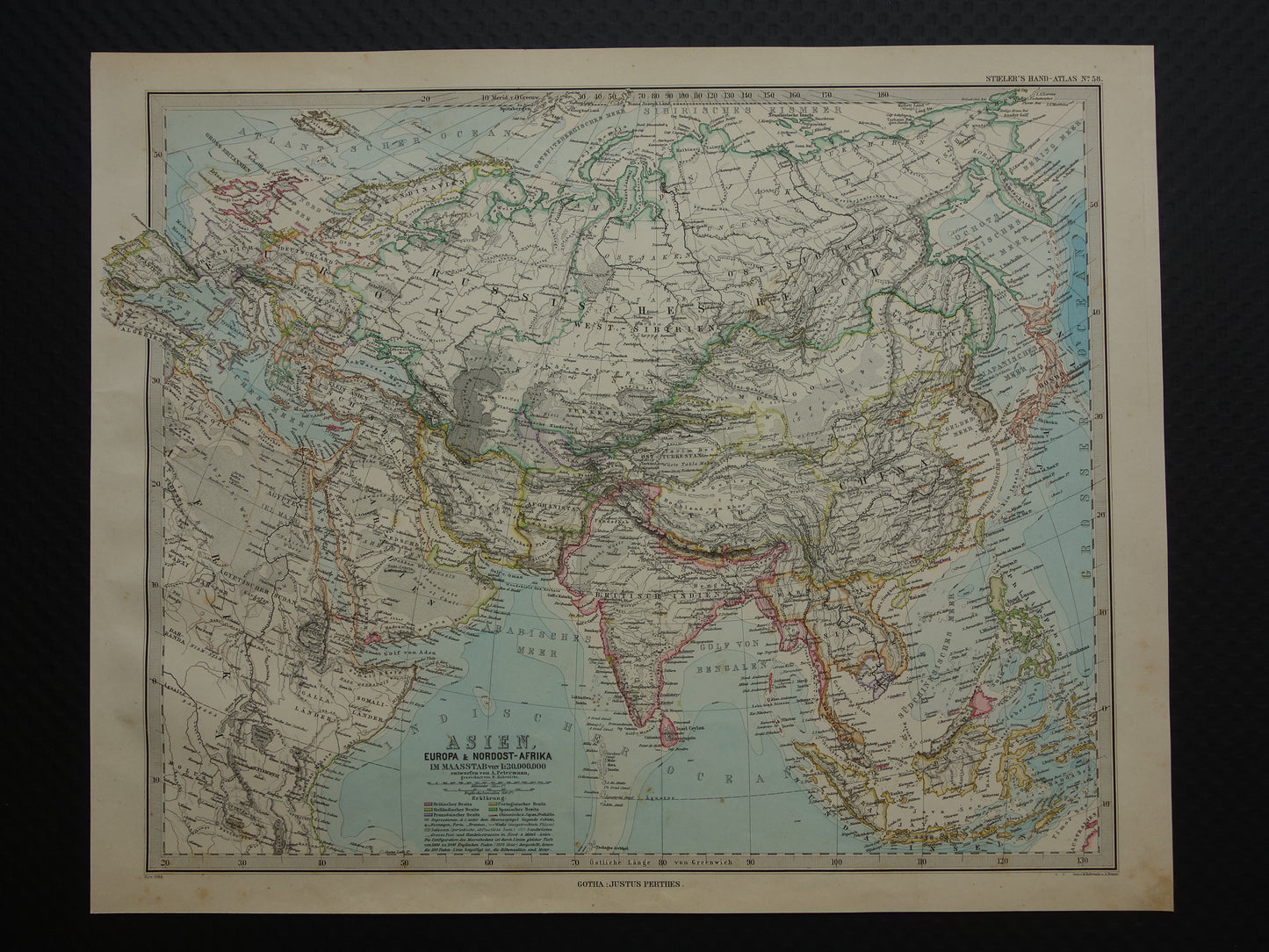 ASIA old map of Asia in 1884 original antique German map